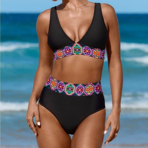 Other - Black Women's Swimwear Set with Colorful Pattern
